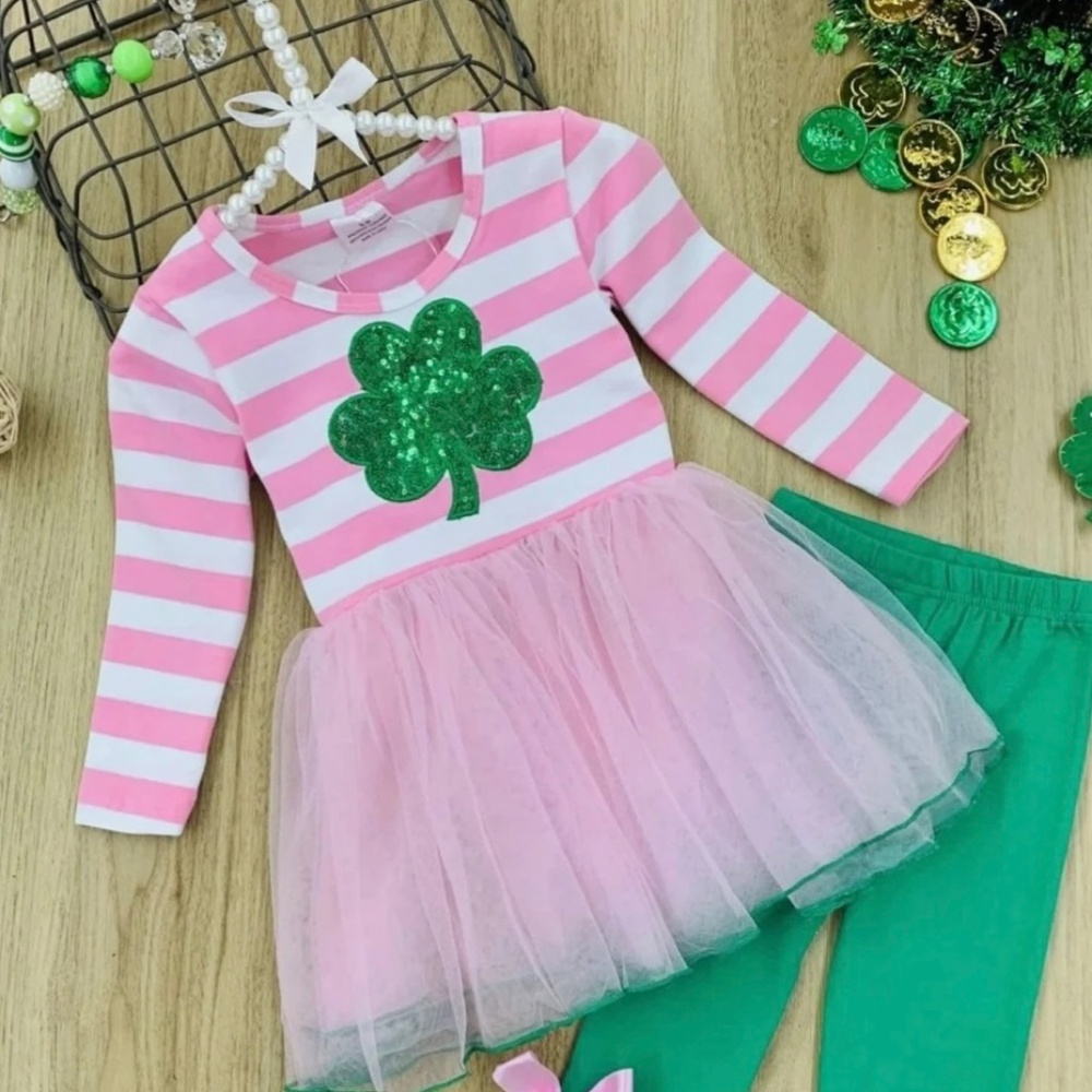 Mia Belle Girls, 2 piece Shamrock sparkle tutu tunic and green leggings size XL - Picture 2 of 6